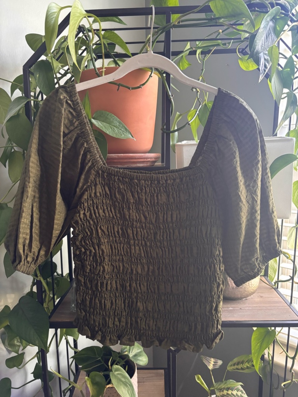 Olive Smocked Peasant Top - Women's